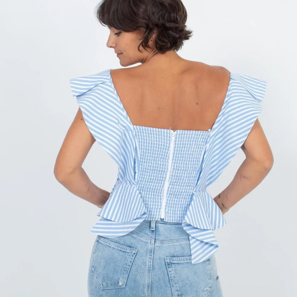 Mila Carr STRIPED RUFFLE BLOUSE sleeveless top back full zip cotton white blue 2 - Picture 8 of 10